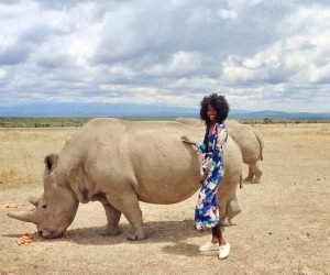 Sandra with rhinos in Kenya